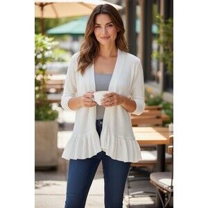 Tommy Hilfiger Women’s Open Front Peplum Cardigan Sweater | White | XXL